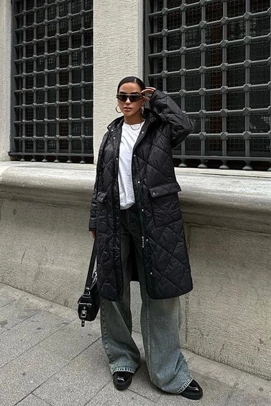 Fermuar Ve Kapşonlu Uzun Kapitone Mont 7062 - 6