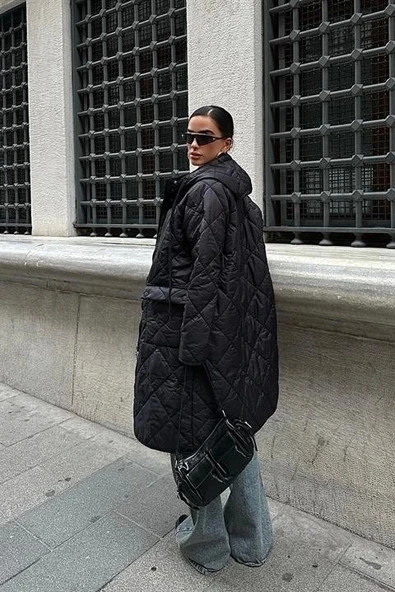 Fermuar Ve Kapşonlu Uzun Kapitone Mont 7062 - 5