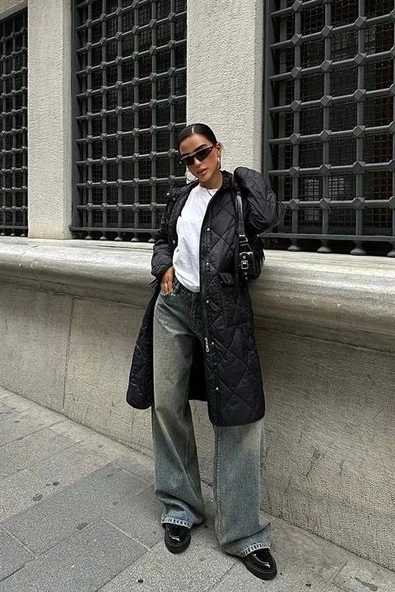 Fermuar Ve Kapşonlu Uzun Kapitone Mont 7062 - 2