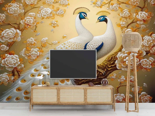 Sanatsal Beyaz Çiçek ve Tavuskuşu Duvar Kağıdı Baskı - Resim 3