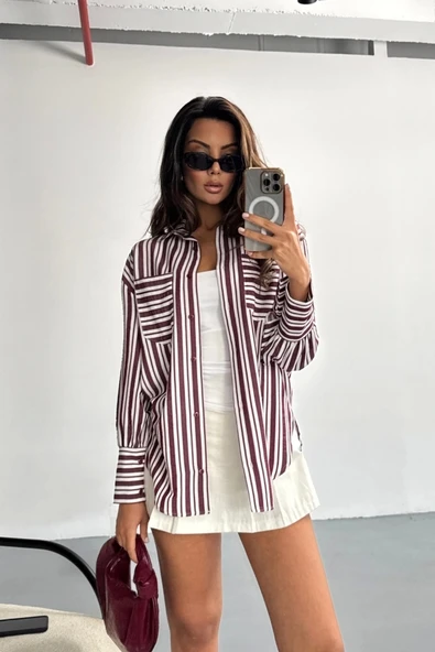 ÇİZGİLİ GÖMLEK - Bordo - Resim 3