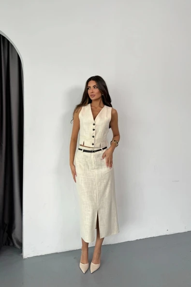 YELEK-ÖNDEN YIRTMAÇLI ETEK TK ŞANTUK KETEN - Ham