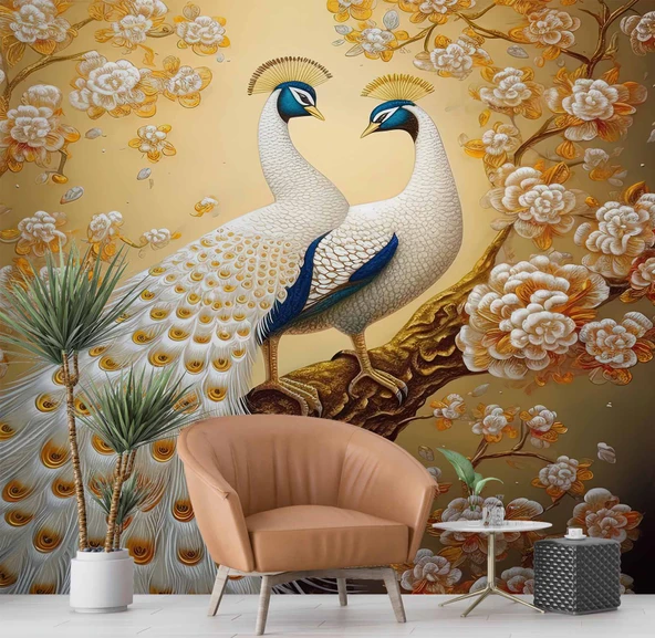 Sanatsal Beyaz Çiçek ve Tavuskuşu Duvar Kağıdı Baskı - Resim 6