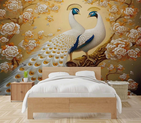 Sanatsal Beyaz Çiçek ve Tavuskuşu Duvar Kağıdı Baskı - Resim 2