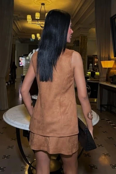 Yelek Ve Mini Etekli İçi Astarlı Süet Takım 9998 - 4