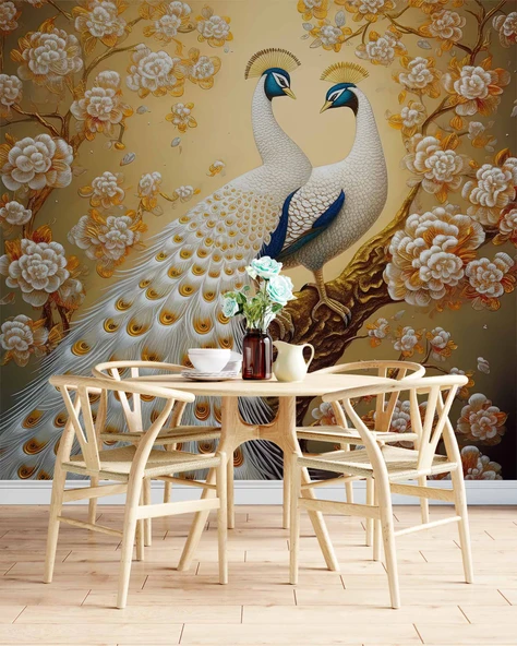 Sanatsal Beyaz Çiçek ve Tavuskuşu Duvar Kağıdı Baskı - Resim 5