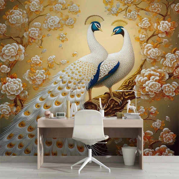 Sanatsal Beyaz Çiçek ve Tavuskuşu Duvar Kağıdı Baskı - Resim 4