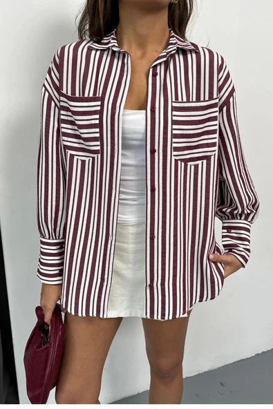 ÇİZGİLİ GÖMLEK - Bordo - Resim 4