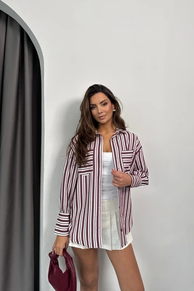 ÇİZGİLİ GÖMLEK - Bordo ürün görseli