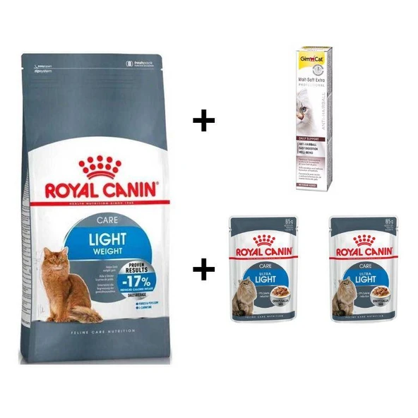 Royal Canin Light Weight Kedi Maması 1,5 Kg + 2 Adet RC Yaş Mama 85 gr + 20 gr GimCat Malt