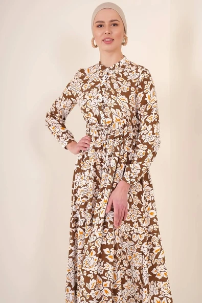 2144 Hakim Yaka Tesettür Elbise - Kahverengi - Resim 2