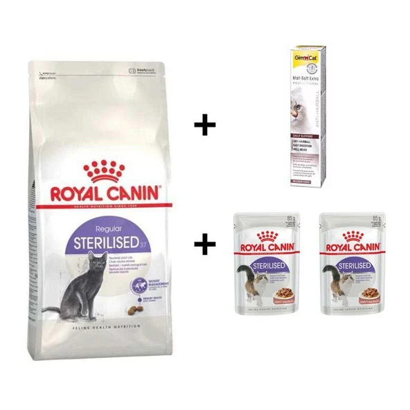 Royal Canin Sterilised Kısırlaştırılmış Kedi Maması 2 Kg + 2 Adet RC Yaş Mama 85 gr + 20 gr GimCat Malt