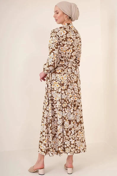 2144 Hakim Yaka Tesettür Elbise - Kahverengi - Resim 3