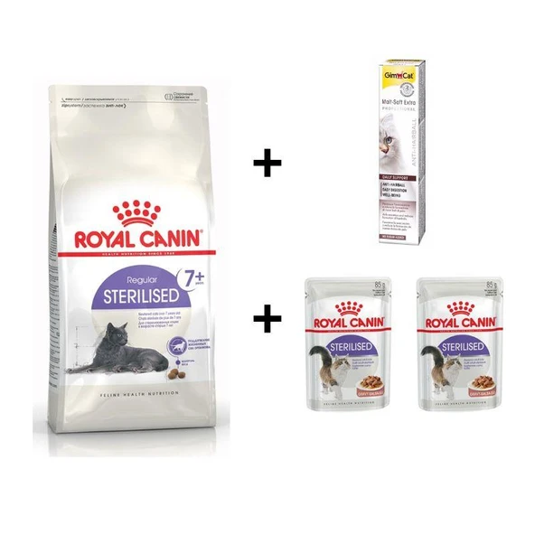 Royal Canin +7 Yaş Üzeri Kısırlaştırılmış Kedi Maması 1,5 Kg + 2 Adet RC Yaş Mama 85 gr + 20 gr GimCat Malt