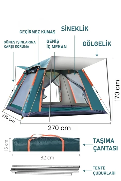 Yek Outdoor 6 Kişilik Tam Otomatik Tenteli Kamp Çadırı 270x270x170cm - 11