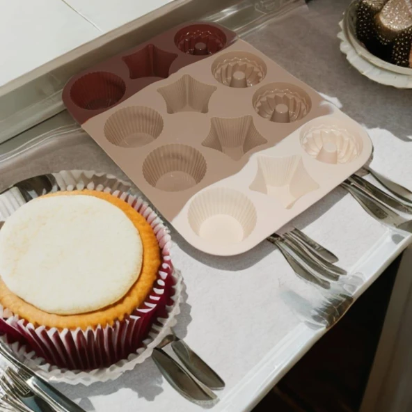 12 Bölmeli Silikon Kek Kalıbı Isıya Dayanıklı Kek Kapsülü Yapışmaz Donut Tart Kek Muffin Ekler Kalıbı 30-23 cm