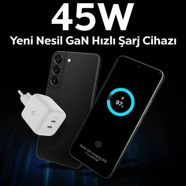 Spigen 45W USB-C 2 Port Mini Hızlı Şarj Aleti Samsung PPS 2.0 / Isı Düşürücü GaN Destekli Akım Korumalı Güç Adaptörü iPhone & Android & iPad & MacBook Type-C - ACH03717 - 5