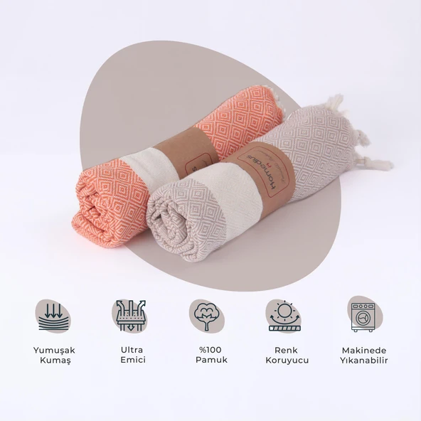 Homedius %100 Pamuk Bej-Turuncu Elmas Peştemal 2'li - 100x180 cm