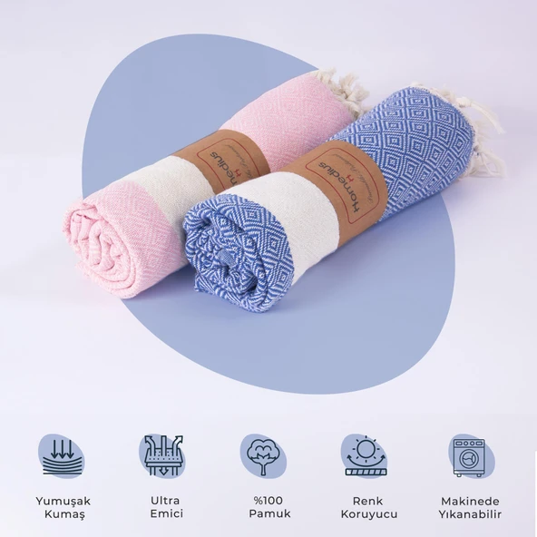 Homedius %100 Pamuk Mavi-Pembe Elmas Peştemal 2'li - 100x180 cm
