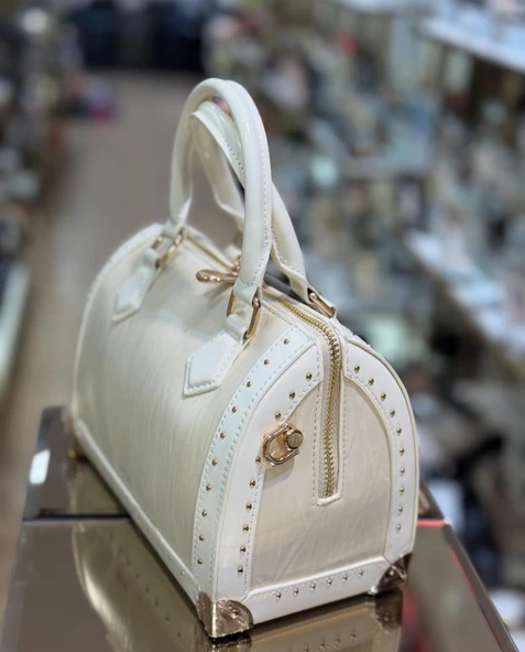 Tek Bölmeli Metal Boncuk İşlemeli İthal El Ve Omuz Çantası Bej - Resim 2