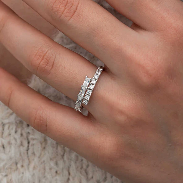 Gümüş Baget Taşlı Yarımtur Kadın Yüzük  SL10815 - Resim 2