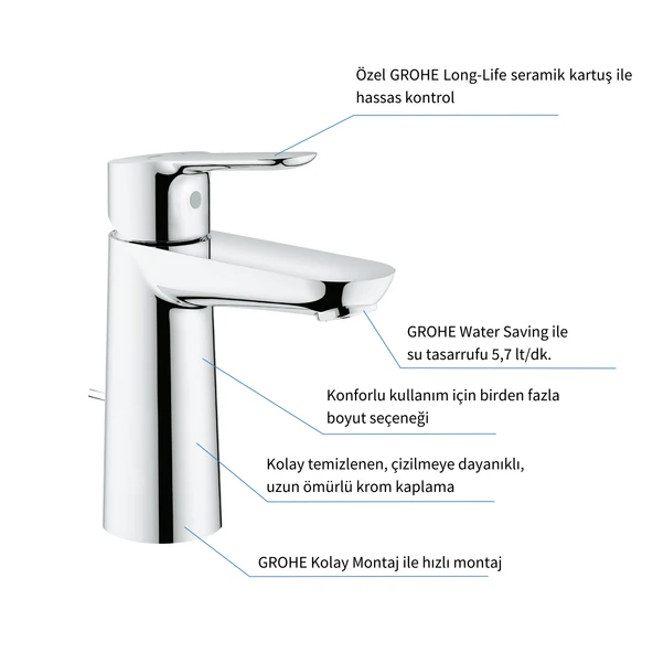 Grohe BauEdge Sifon Kumandalı Lavabo Bataryası M Boyut - 23758000 - 3