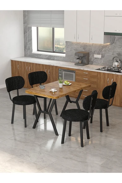 Azra 70x110cm Atlantik Mutfak Masası, Mutfak Masası Takımı, Yemek Masası, 4 Siyah Sandalye