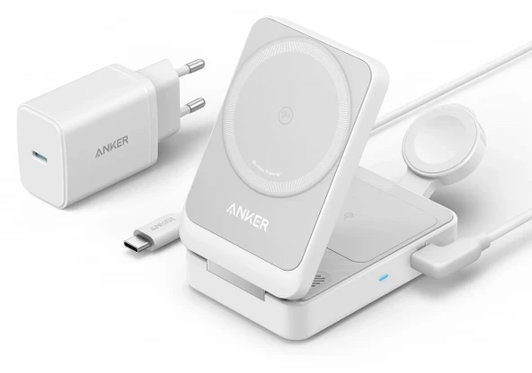 Anker Maggo Kablosuz Şarj Istasyonu (Katlanabilir 3'ü 1 Arada) - MagSafe için Apple Watch Şarj Cihazı (40W USB-C Şarj Cihazı Dahil) - B2557 - Beyaz