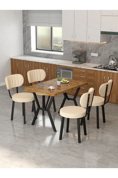 Azra 70x110cm Atlantik Mutfak Masası, Mutfak Masası Takımı, Yemek Masası, 4 Krem Sandalye