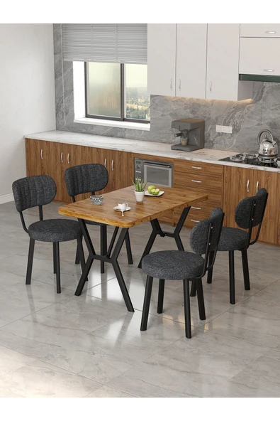 Azra 70x110cm Atlantik Mutfak Masası, Mutfak Masası Takımı, Yemek Masası, 4 Antrasit Sandalye