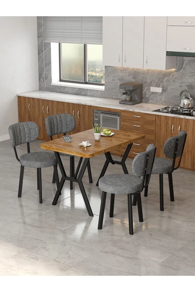 Azra 70x110cm Atlantik Mutfak Masası, Mutfak Masası Takımı, Yemek Masası, 4 Koyu Gri Sandalye