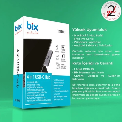 Bix BX16HB 4in1 Type-C 4K@30Hz HDMI, USB 3.0, AUX, 100W PD iPad, Macbook/Windows Uyumlu Çoklayıcı Adaptör - 6