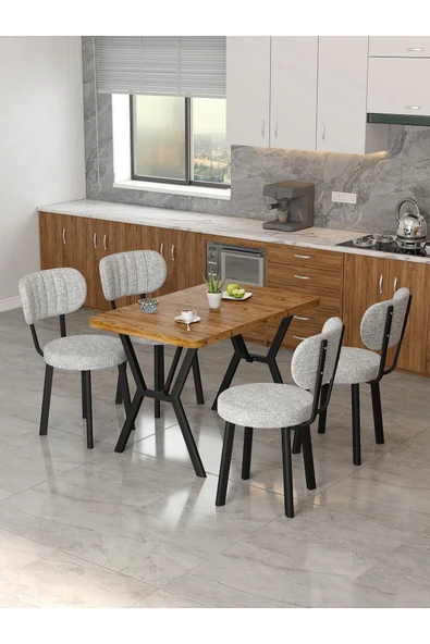 Azra 70x110cm Atlantik Mutfak Masası, Mutfak Masası Takımı, Yemek Masası, 4 Açık Gri Sandalye