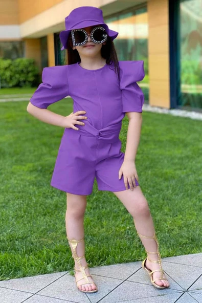 Kız Çocuk Bisiklet Yaka Yarım Kol Bel Bağlama Detaylı Mor Şortlu Tulum ürün görseli