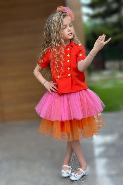 Kız Çocuk Üzeri Gold Düğme Detaylı Gömlek Çift Turuncu Renkli Etekli Takım - 3