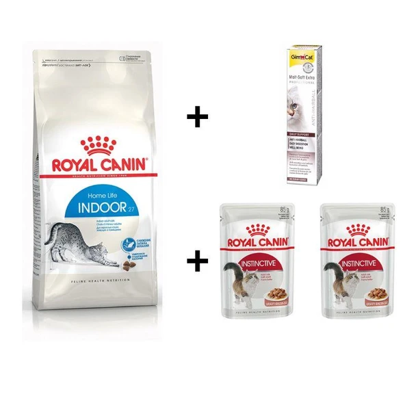 Royal Canin İndoor 27 Kuru Kedi Maması 2 Kg + 2 Adet RC Yaş Mama 85 gr + 20 gr GimCat Malt