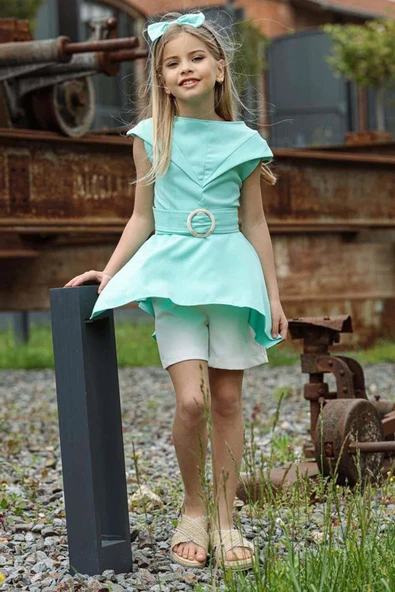 Kız Çocuk Sıfır Kol Asimetik Kesim Kemerli Turkuaz Tunik Şortlu Takım - Resim 4