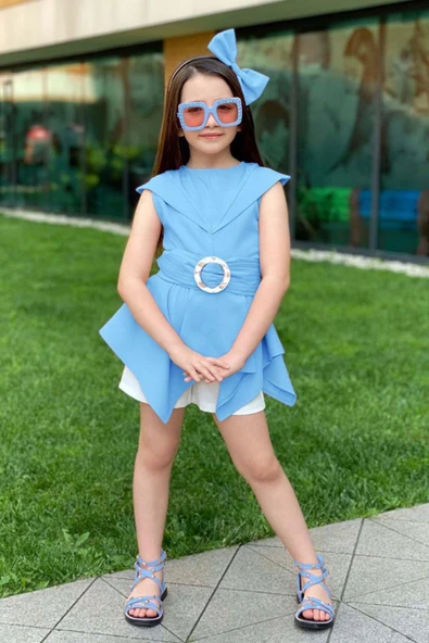 Kız Çocuk Sıfır Kol Asimetik Kesim Kemerli Mavi Tunik Şortlu Takım - Resim 2