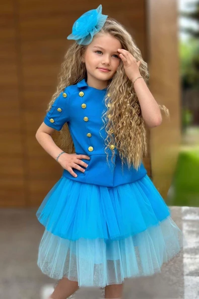 Kız Çocuk Üzeri Gold Düğme Detaylı Gömlek Çift Mavi Renkli Etekli Takım - Resim 4