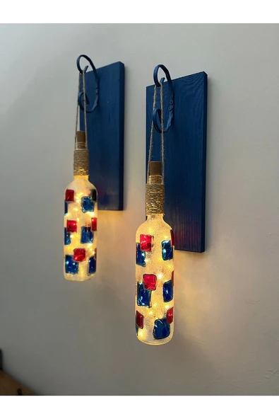 Led Işıklı Koyu Mavi Renkli Vitray Cam Salon Bar Bahçe Dekoru Şarap Şişesi Duvar Aplik 2'li Set - 3