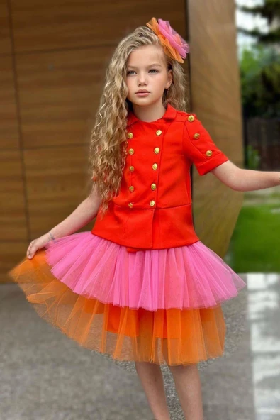 Kız Çocuk Üzeri Gold Düğme Detaylı Gömlek Çift Turuncu Renkli Etekli Takım - 2