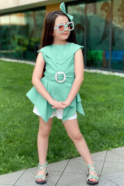 Kız Çocuk Sıfır Kol Asimetik Kesim Kemerli Turkuaz Tunik Şortlu Takım - Resim 3