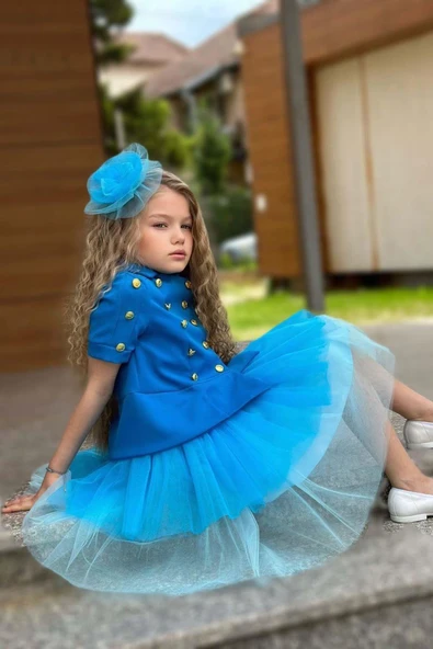 Kız Çocuk Üzeri Gold Düğme Detaylı Gömlek Çift Mavi Renkli Etekli Takım - Resim 3