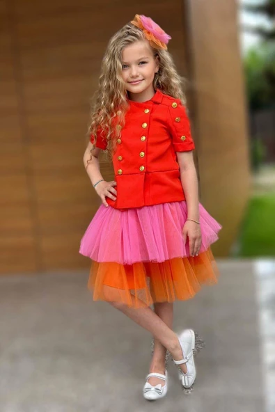 Kız Çocuk Üzeri Gold Düğme Detaylı Gömlek Çift Turuncu Renkli Etekli Takım