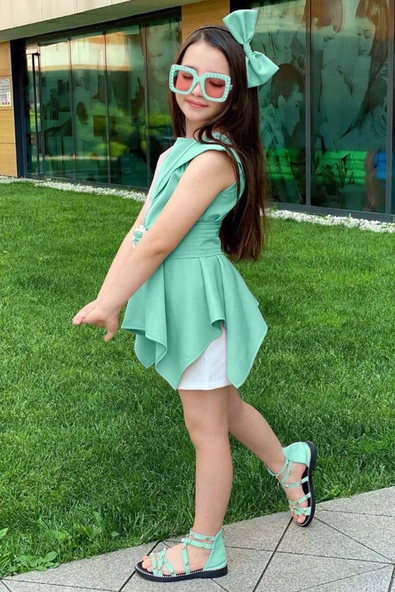 Kız Çocuk Sıfır Kol Asimetik Kesim Kemerli Turkuaz Tunik Şortlu Takım - Resim 2