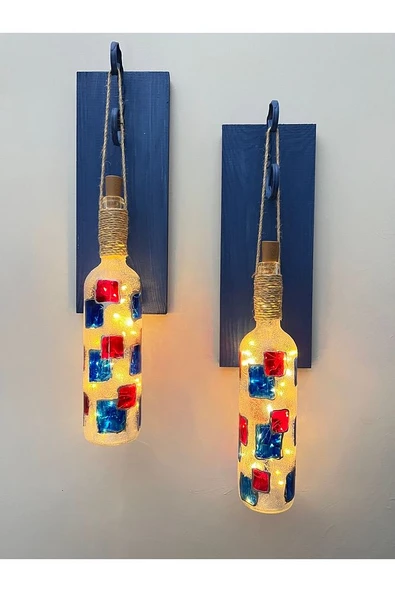 Led Işıklı Koyu Mavi Renkli Vitray Cam Salon Bar Bahçe Dekoru Şarap Şişesi Duvar Aplik 2'li Set - 2