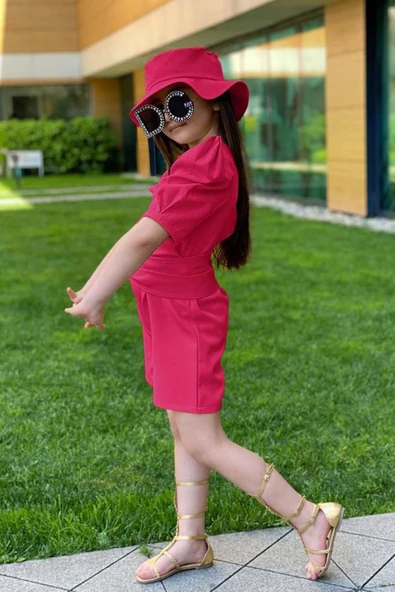 Kız Çocuk Bisiklet Yaka Yarım Kol Bel Bağlama Detaylı Fuşya Şortlu Tulum - Resim 2