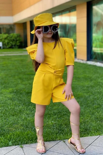 Kız Çocuk Bisiklet Yaka Yarım Kol Bel Bağlama Detaylı Sarı Şortlu Tulum ürün görseli