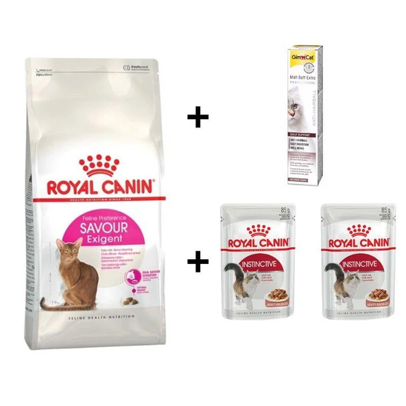 Royal Canin Savour Exigent  Kuru Kedi Maması 4 Kg + 2 Adet RC Yaş Mama 85 gr + 20 gr GimCat Malt