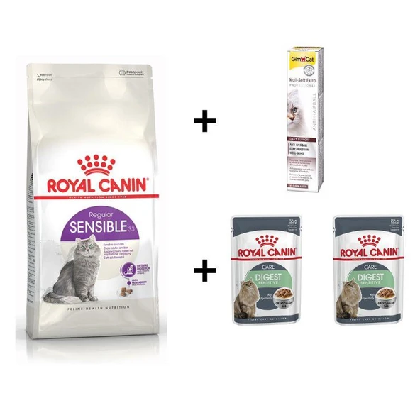 Royal Canin Sensible 33 Kuru Kedi Maması 4 kg + 2 Adet RC Yaş Mama 85 gr + 20 gr GimCat Malt